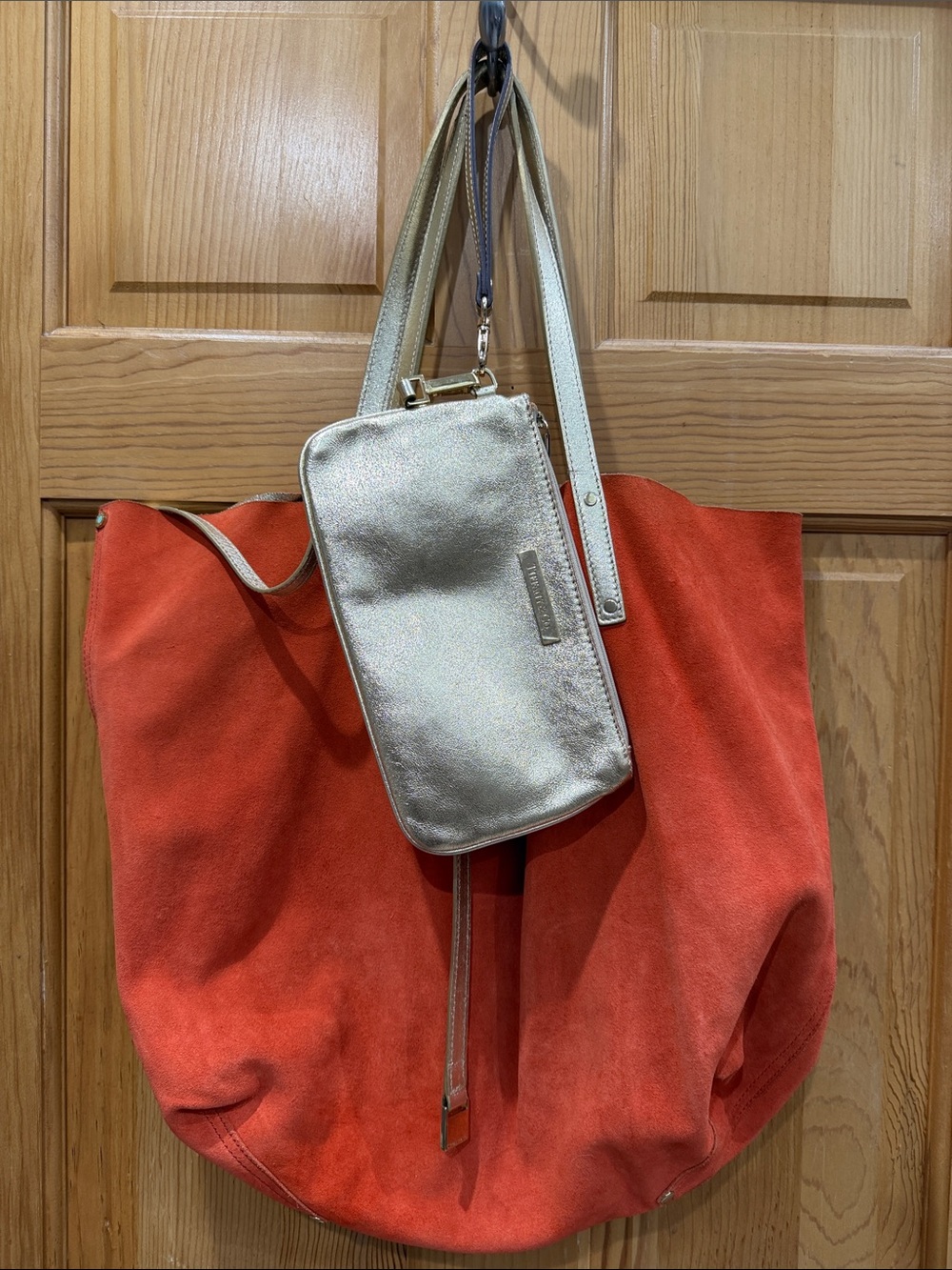 Tiffany & Co. Orange Suede Tote with Metallic Gold Wristlet